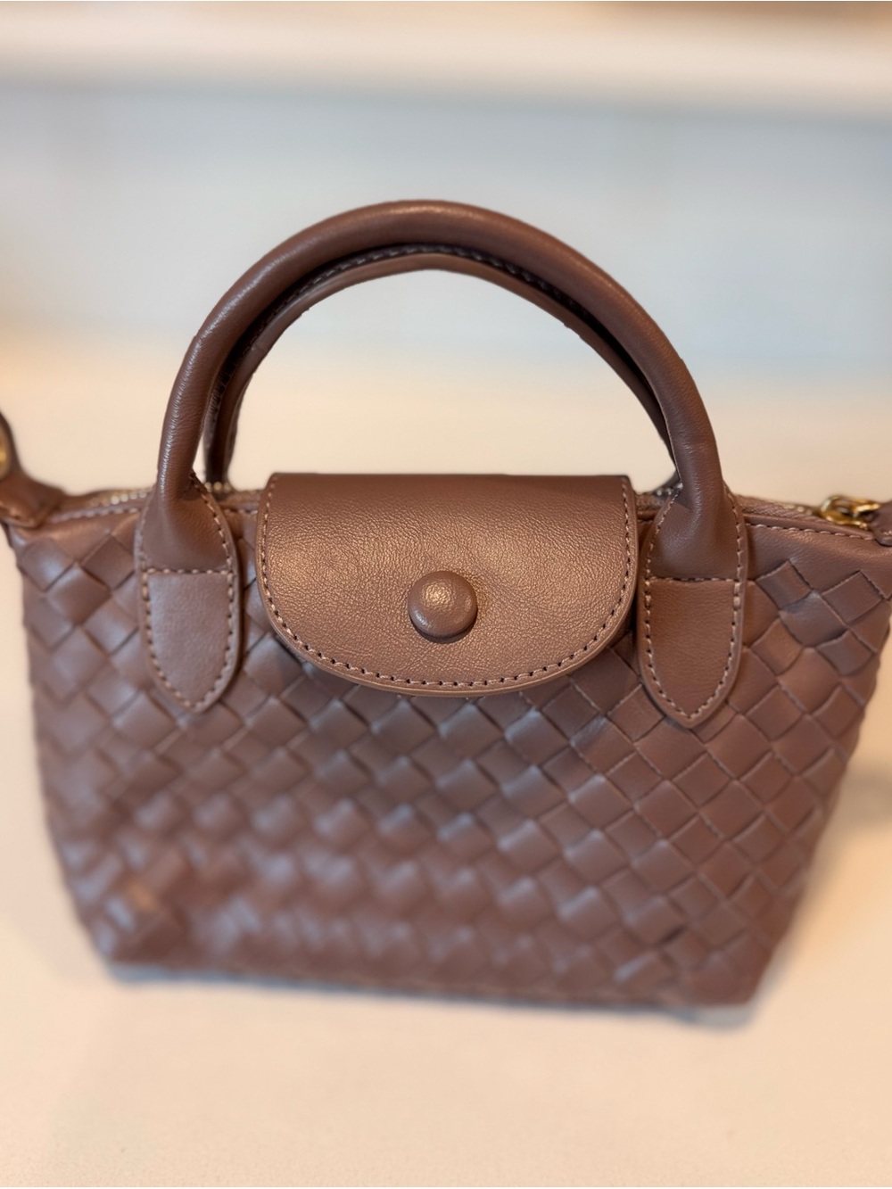 Woven Mini Top-Handle Bag in Brown